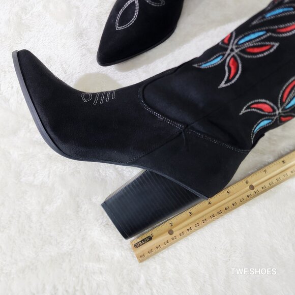 Size 10 Black Faux Suede Western Cowgirl Knee Boots Colorful Embroidered Design - Picture 8 of 10